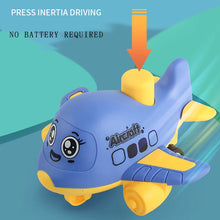 Blue cartoon aircraft toy with an arrow pressing its top and text saying no battery required