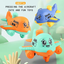 Three cartoon aircraft toys in orange, blue and mint green with text about pressing the aircraft