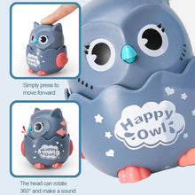 Slate blue owl toy with callouts for pressing to move forward and a head that rotates 360 degrees