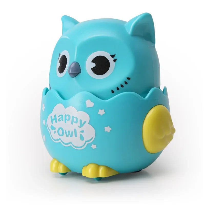 Teal blue Happy Owl toy with a yellow wing on a white background
