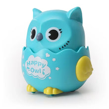 Teal blue Happy Owl toy with a yellow wing on a white background