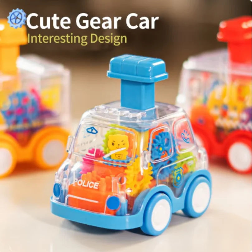 Blue transparent gear toy car with police marking, a press button on top and colorful visible gears