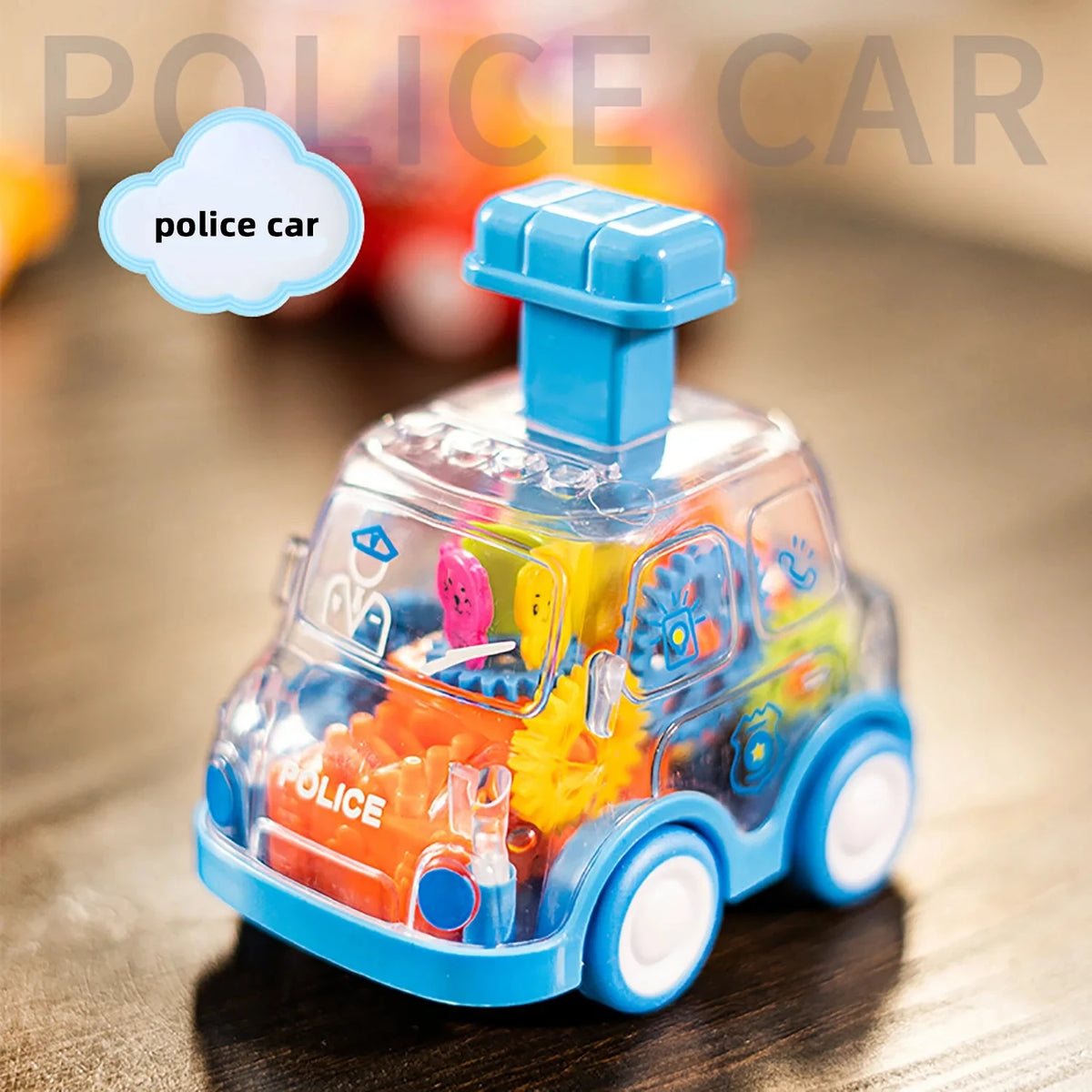Blue police car transparent gear toy car in a front three-quarter view