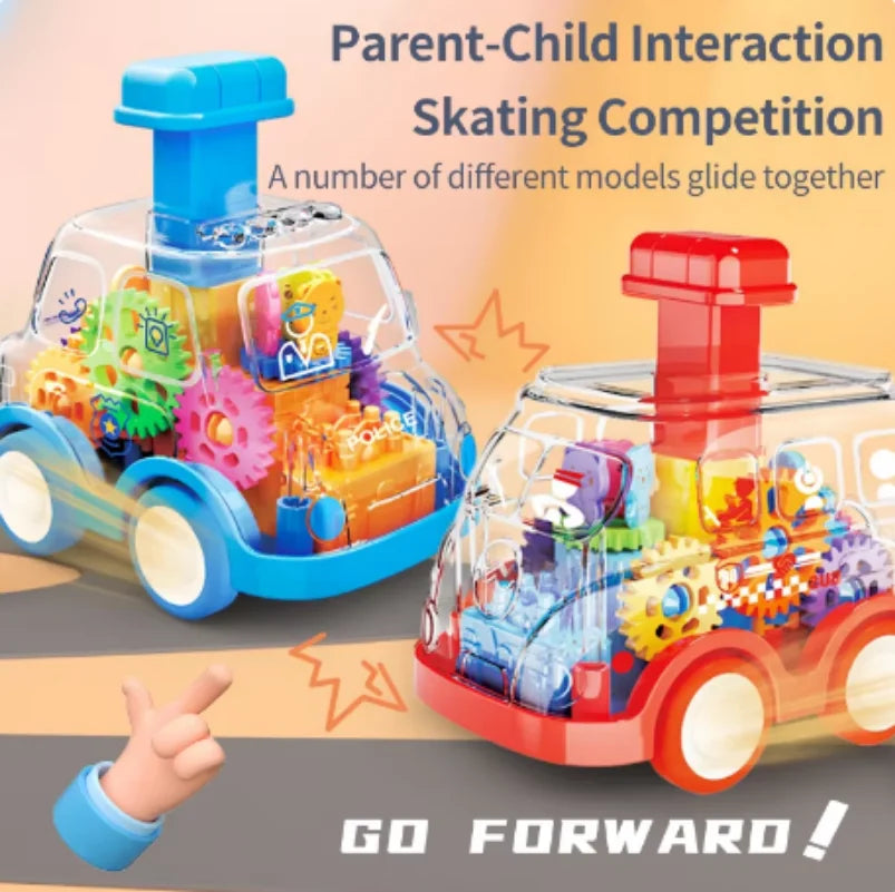 Transparent blue and red press-and-go gear toy cars in a parent-child gliding race scene