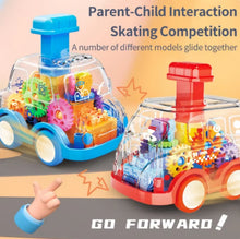 Transparent blue and red press-and-go gear toy cars in a parent-child gliding race scene