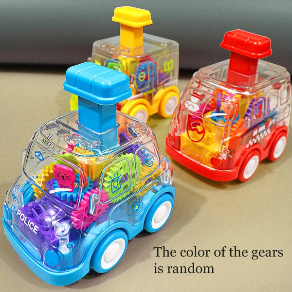 Blue police car, yellow school bus and red bus transparent gear toy cars lined up with random gear colors