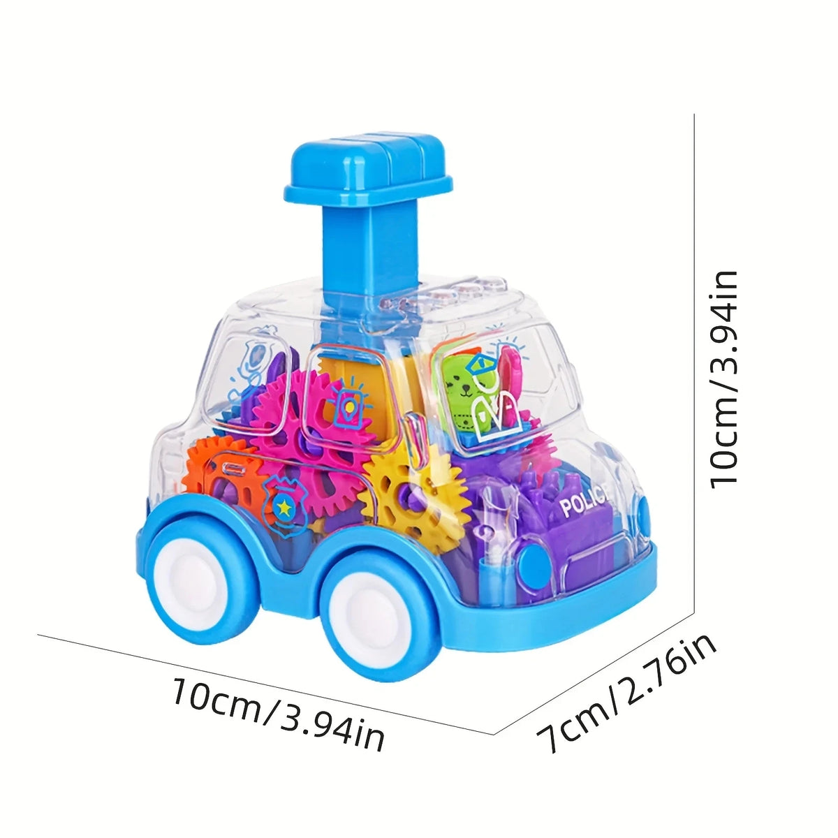 Blue transparent gear toy car with size dimensions of 10 cm by 7 cm by 10 cm