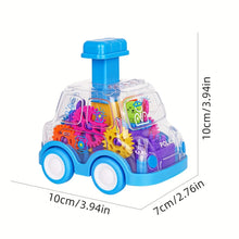 Blue transparent gear toy car with size dimensions of 10 cm by 7 cm by 10 cm