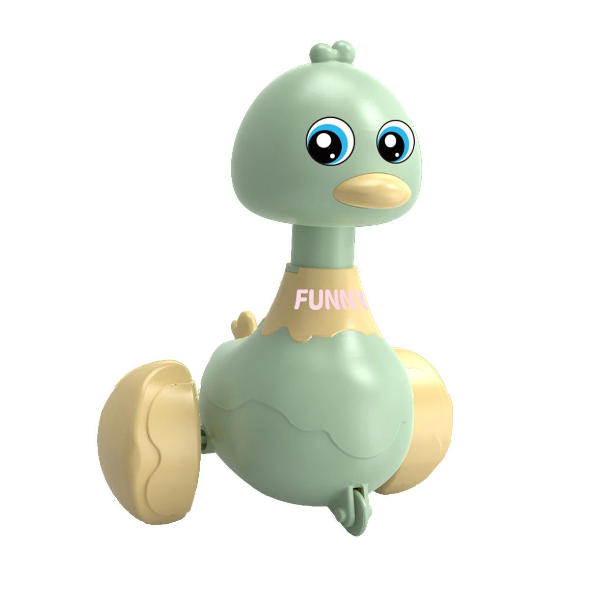 Green press-and-swing rocking duck toy on a plain white background