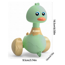 Green rocking duck toy with size dimensions of 16.5 cm tall, 9.5 cm wide and 12 cm deep