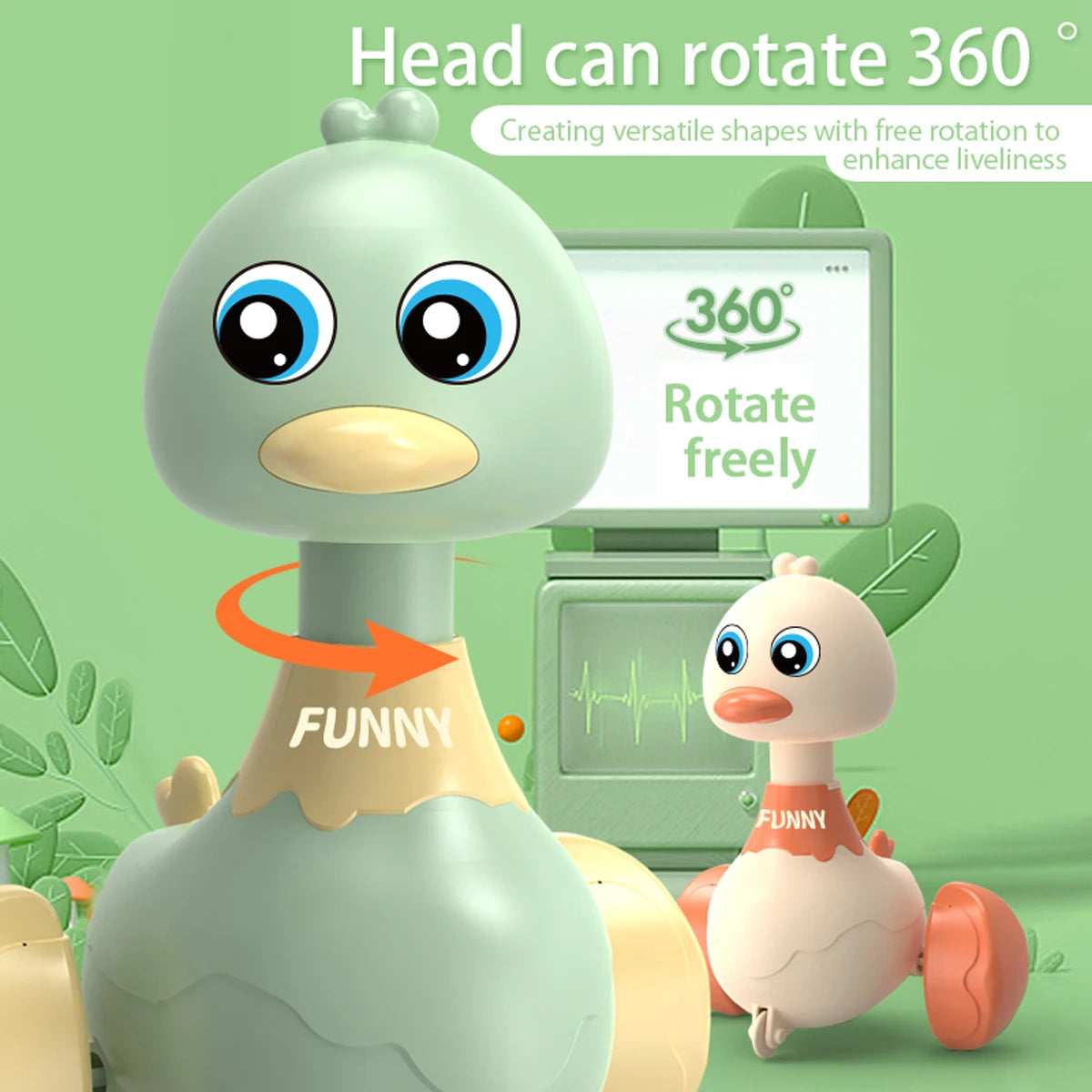 Green rocking duck toy with a head that rotates 360 degrees