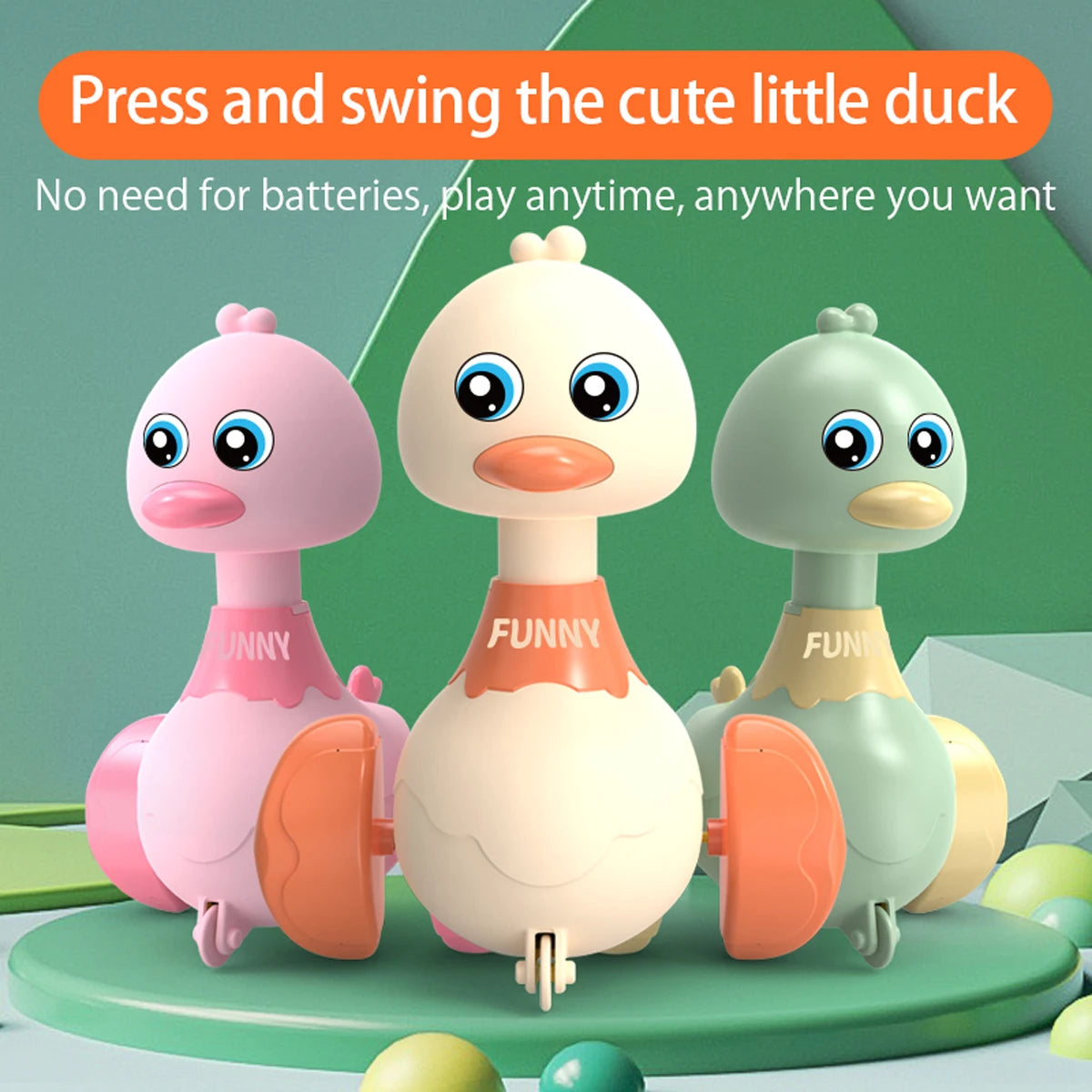 Pink, cream and green rocking duck toys standing together on a round green stand