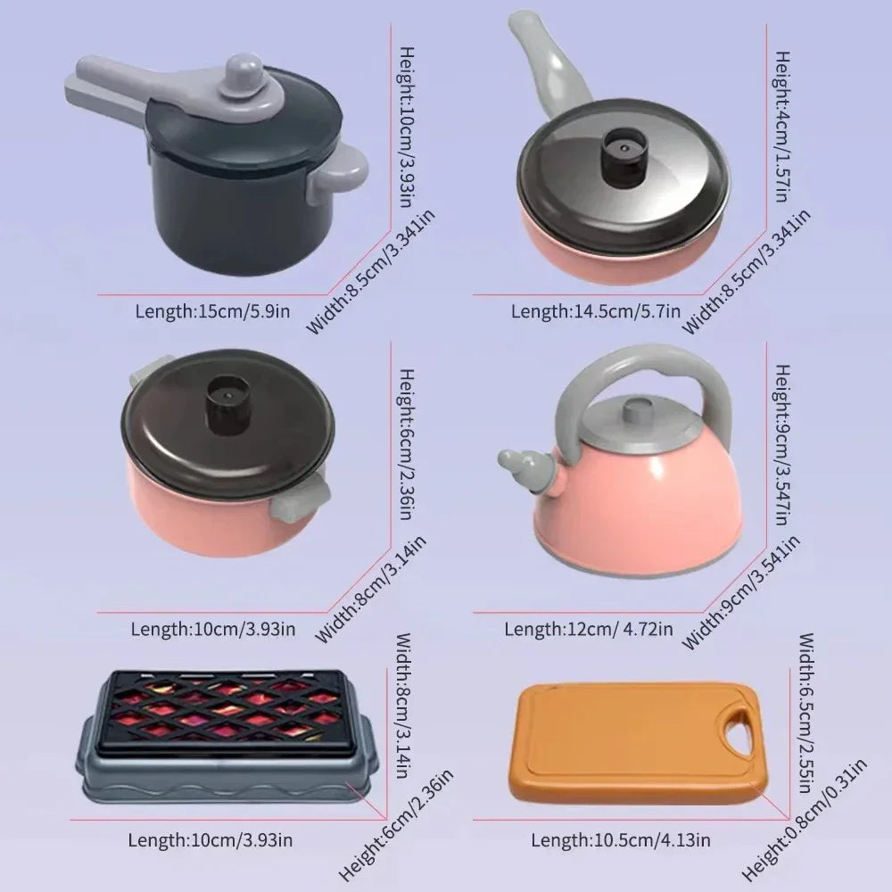 Set of miniature cookware items with measurements 