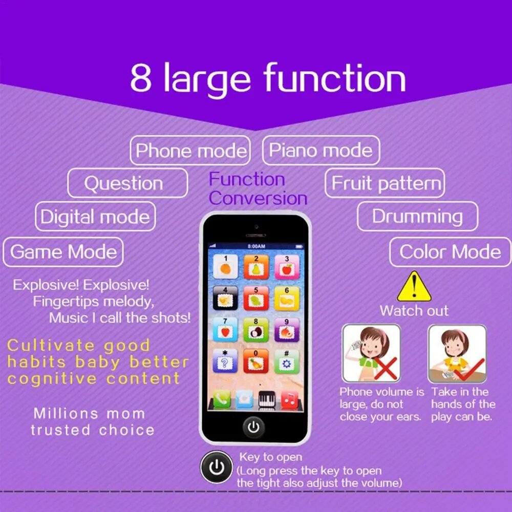 Pretend play baby cellphone toy with educational buttons for lights, sounds, and music learning.