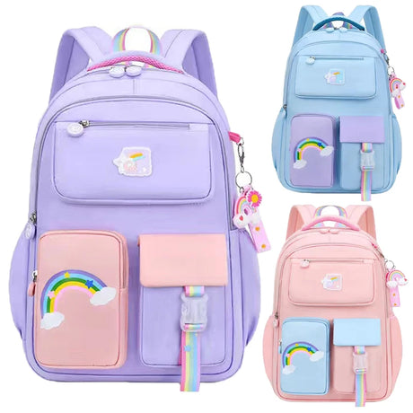 Set of three colorful backpacks with rainbow designs.