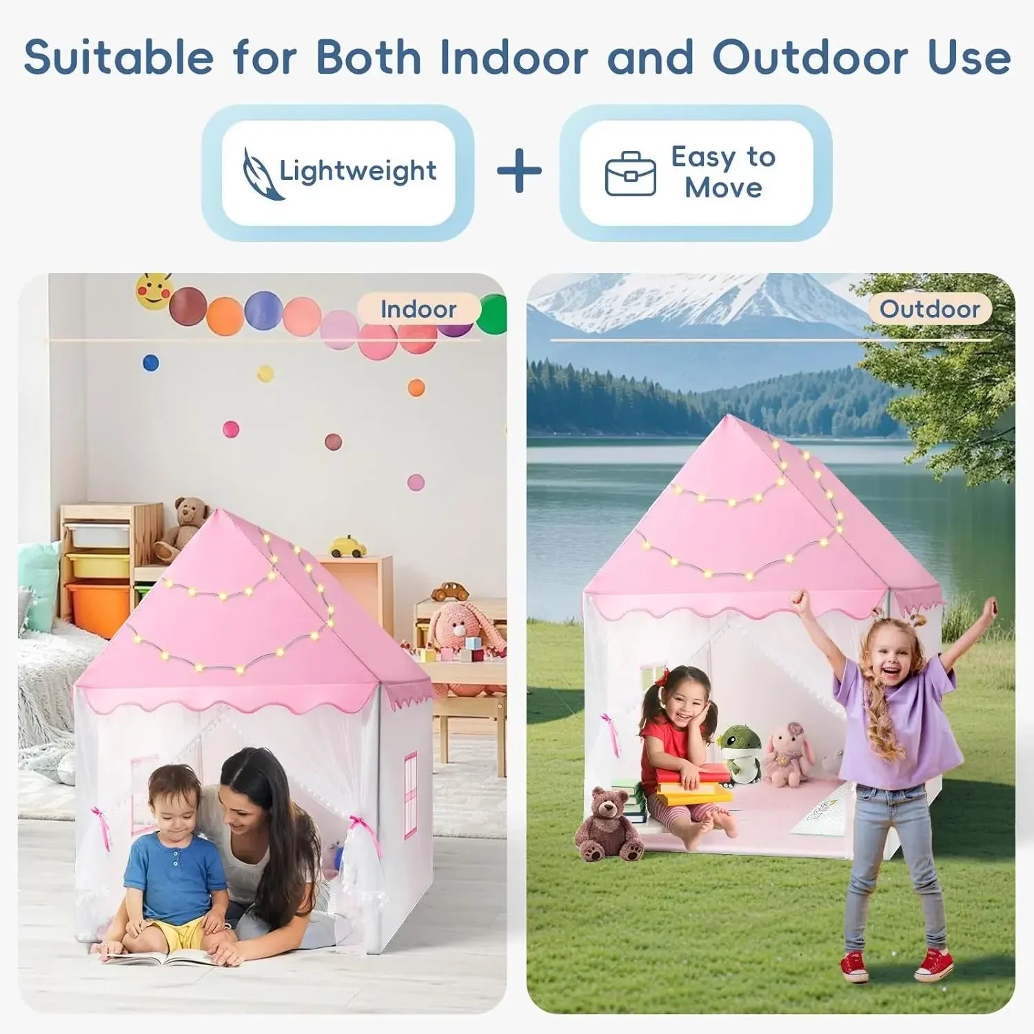 Princess castle teepee playhouse tent, a lightweight and portable option for indoor or outdoor kids play.