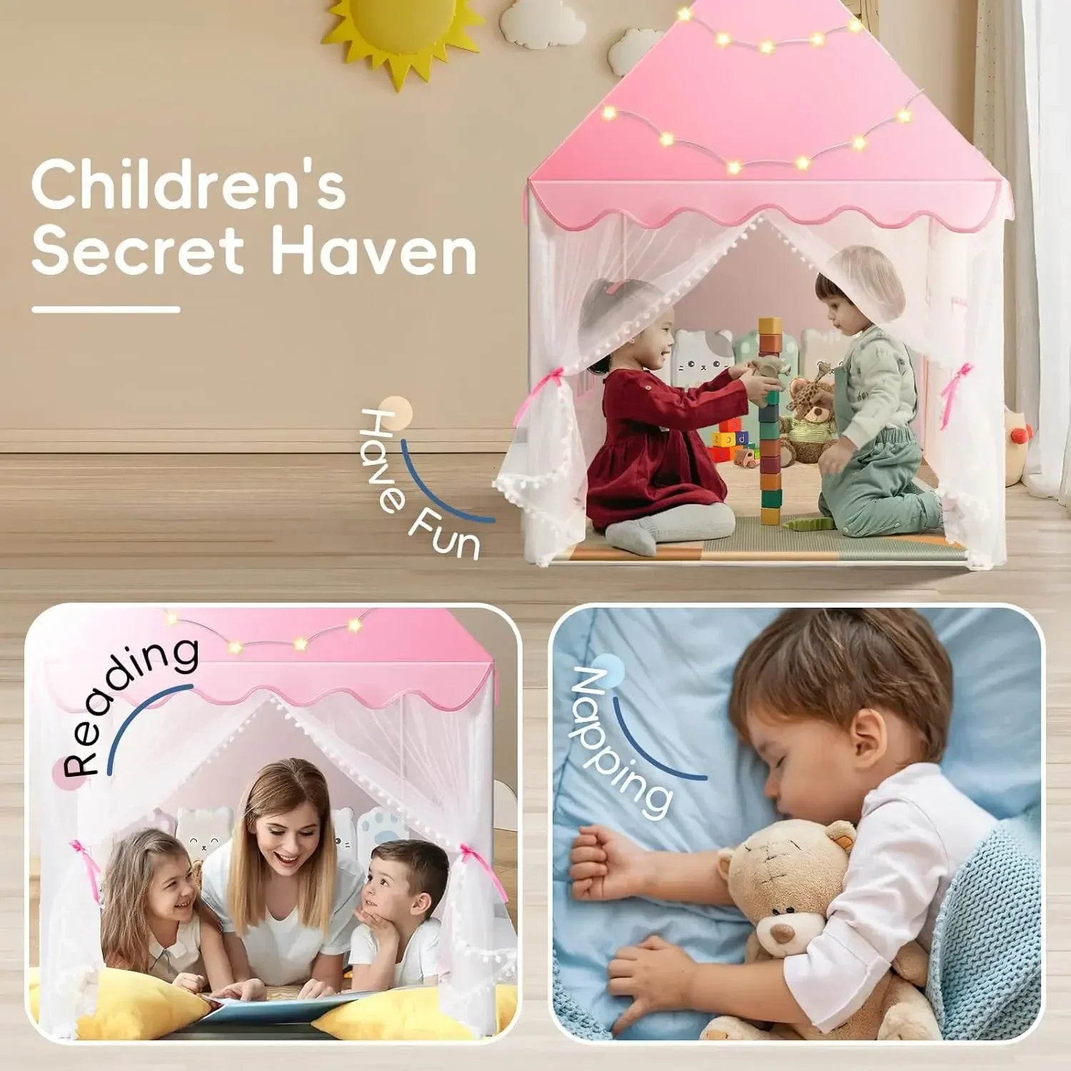 Princess castle teepee playhouse used as a cozy reading and napping nook for kids at home.