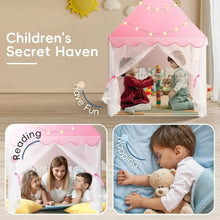 Princess castle teepee playhouse used as a cozy reading and napping nook for kids at home.