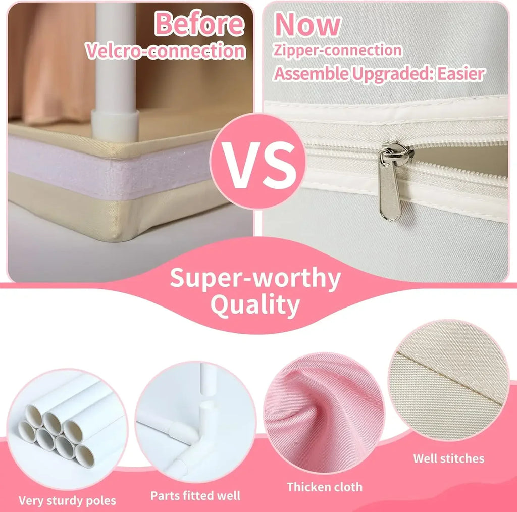Princess castle teepee playhouse showing upgraded velcro versus zipper connection quality features.