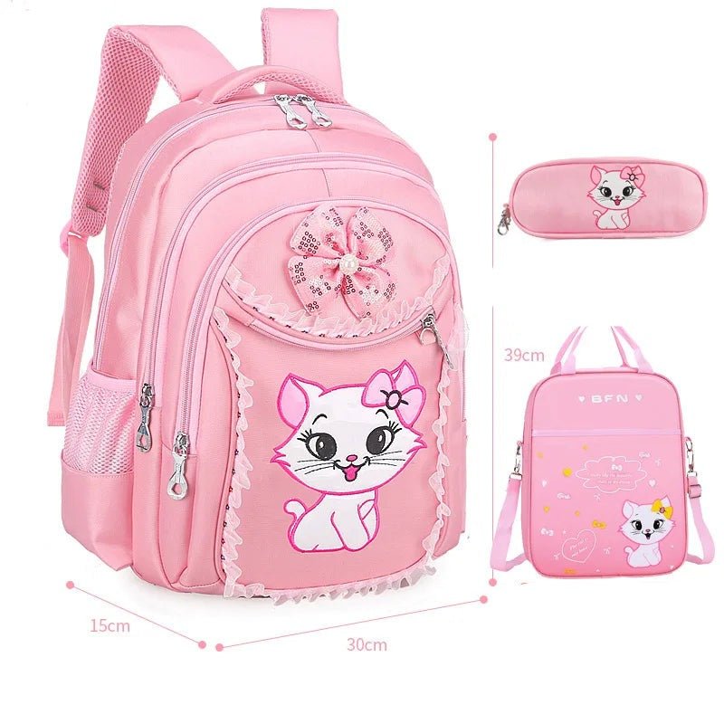 Pink backpack with cat design and matching pencil case.