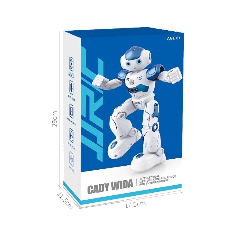 Smart robot toy gesture controlled for remote program play shown boxed in blue and white design.