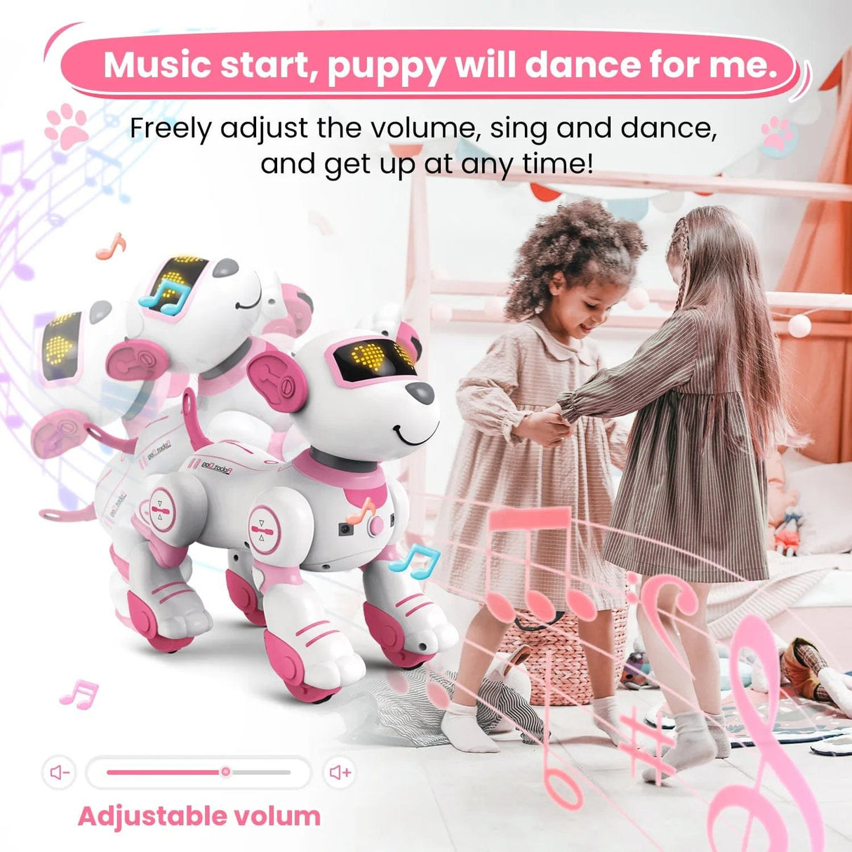 Children playing with a robot dog toy in a bedroom setting, with text about music and dancing.