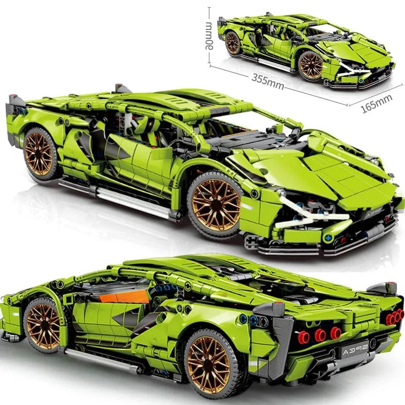 Green sports car model made of interlocking bricks with measurements