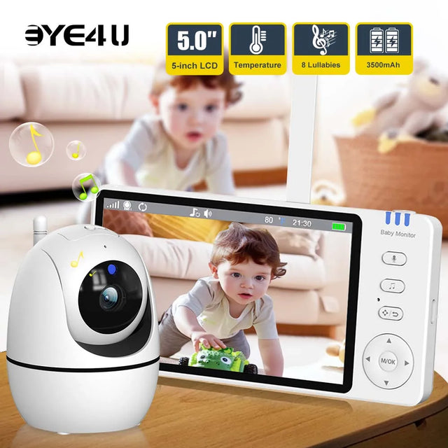 Baby monitor with a 5-inch LCD screen displaying a child.