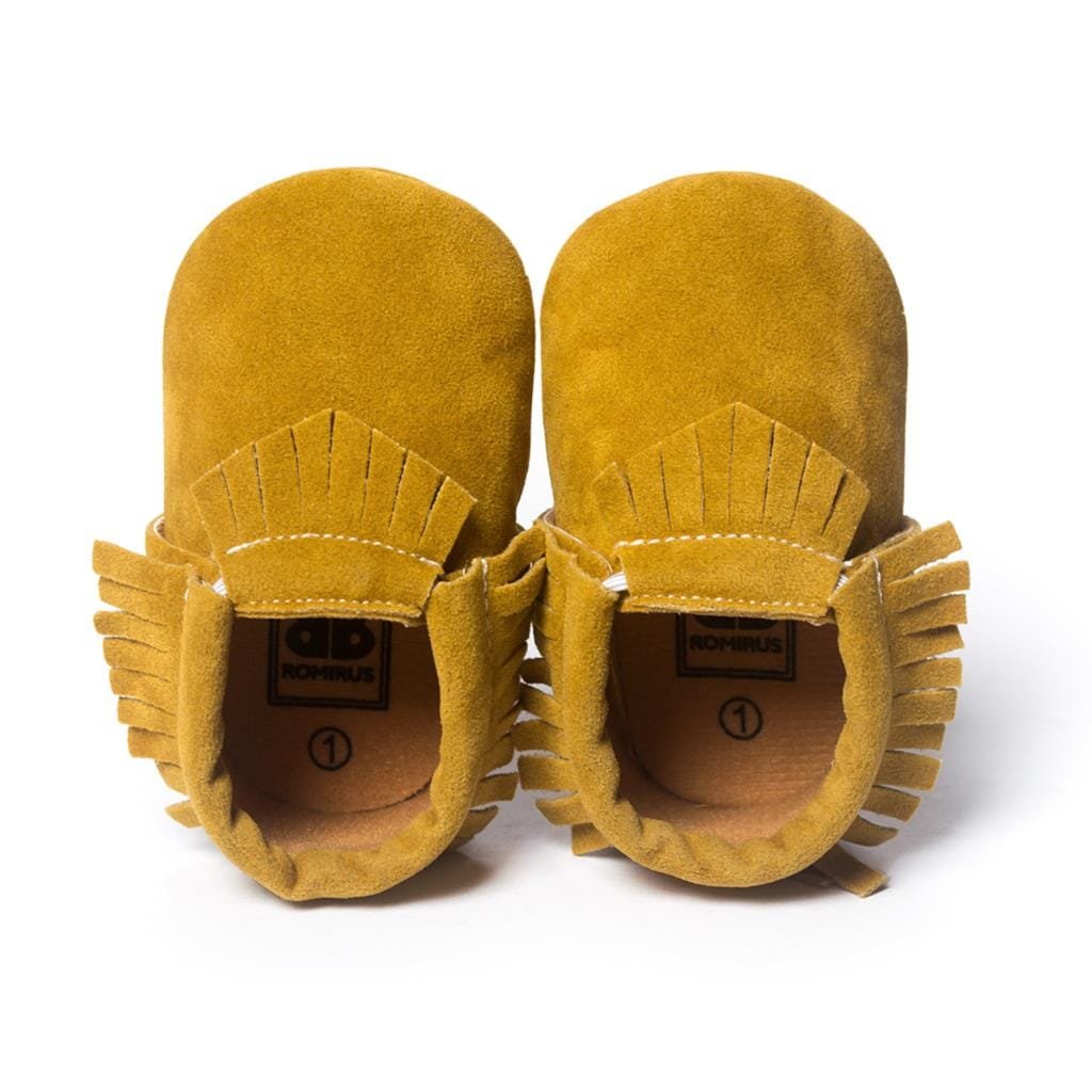 PU suede leather newborn baby moccasin shoes shown from an alternate angle highlighting the design.