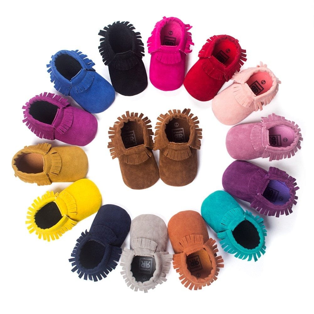 PU suede leather newborn baby moccasin shoes in side profile for daily comfort and easy-on wear.