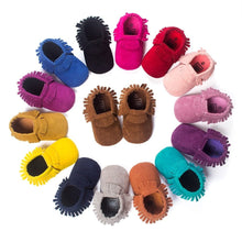 PU suede leather newborn baby moccasin shoes in side profile for daily comfort and easy-on wear.