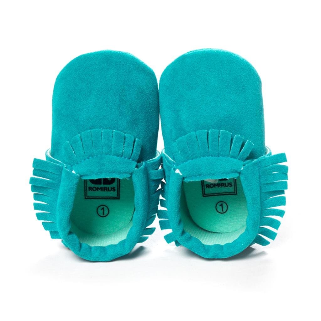 PU suede leather newborn baby moccasin shoes styled for stroller outings and family day trips.
