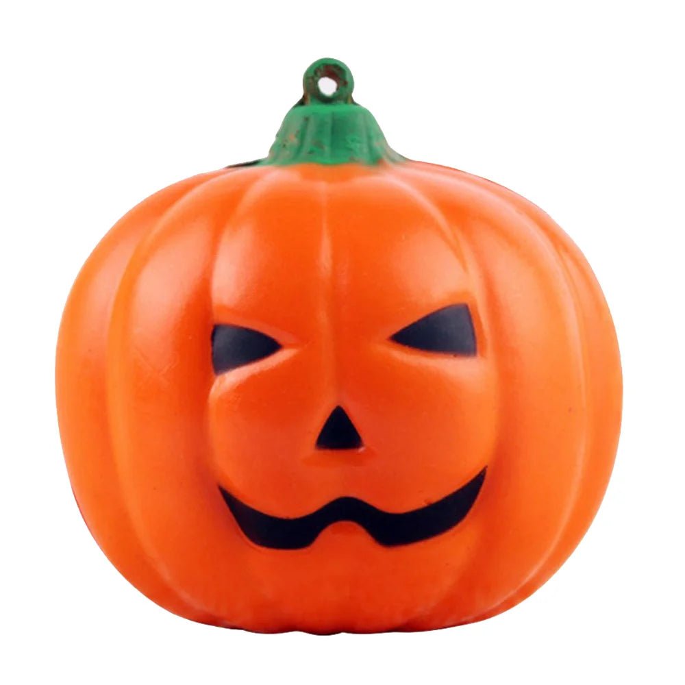 Pumpkin squishy toy with lantern face for autumn play, Halloween gifting, and sensory squeezing.