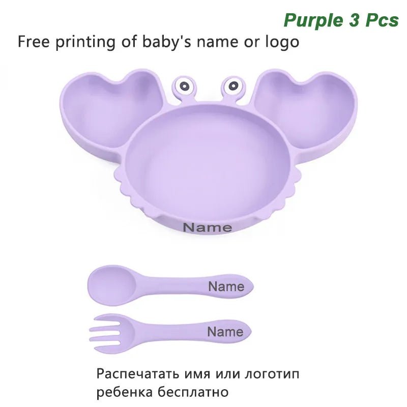 Personalized Baby Crab Plate Set in purple with plate and cutlery for toddler dining and snack time.