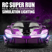 Purple and black RC drift car with simulation LED lighting for realistic night-time racing play.