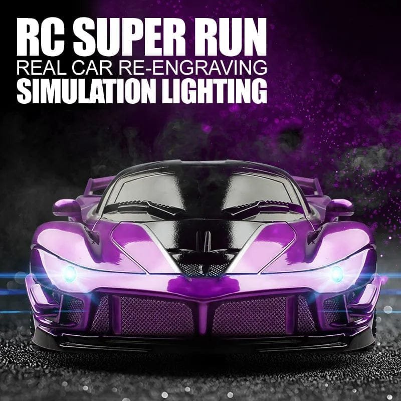 Purple and black RC drift car with simulation LED lighting for realistic night-time racing play.