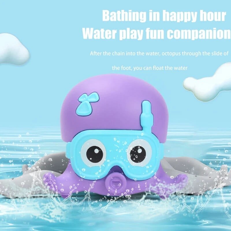 Purple and blue octopus bath toy floating in water for toddler bath games and water confidence play.
