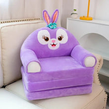 Purple bunny plush stuffed animal baby support seat close-up showing the bunny design detail.