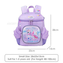 Pink Unicorn Backpack purple cartoon schoolbag with sizing detail for preschool, nursery, and travel day packing.