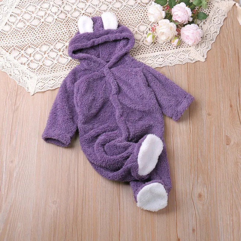Purple ear and tail toddler playsuit for autumn dressing, photos, and comfortable crawling.