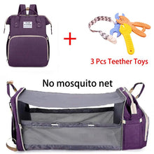 Baby crib bed mommy bag travel backpack in purple with a gray interior for daily outings.