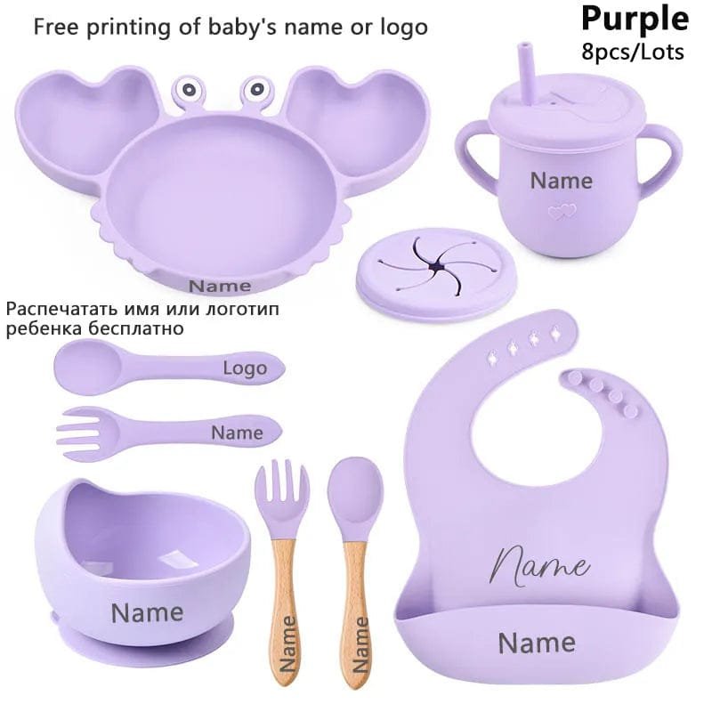 Purple personalised baby utensil set with name print, a thoughtful crab plate gift for new families.