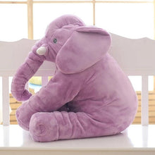 Purple plush elephant toy shown in a sitting position, a baby sleeping back cushion for naps and play.