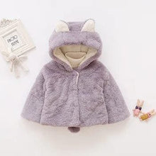 Purple rabbit ears jacket hooded toddler coat shown on a white background for winter daily wear.