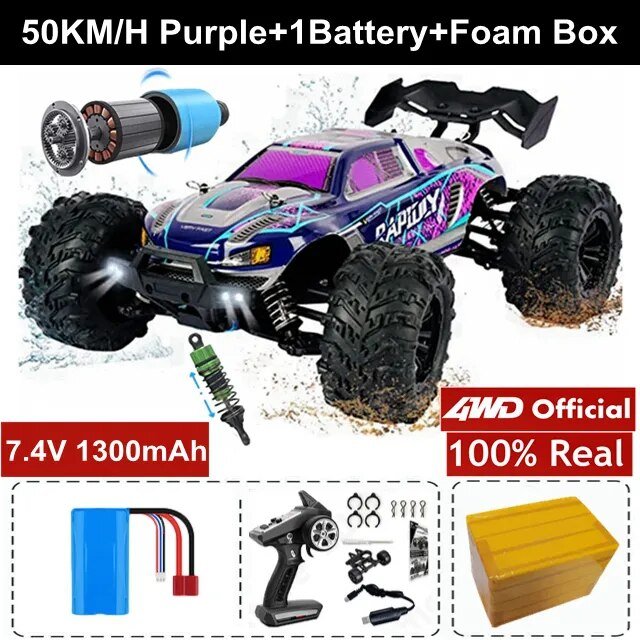 Purple RC drift car with 4WD accessory pack, built for controlled skids and drift practice in open outdoor space.