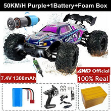 Purple RC drift car with 4WD accessory pack, built for controlled skids and drift practice in open outdoor space.