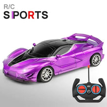 Purple RC sports drift car with 2.4GHz remote for LED-lit racing and hobby driving practice.