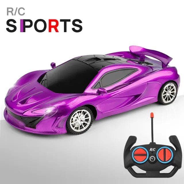 Purple RC sports car with remote and LED lights for high-speed drift racing and gifting.