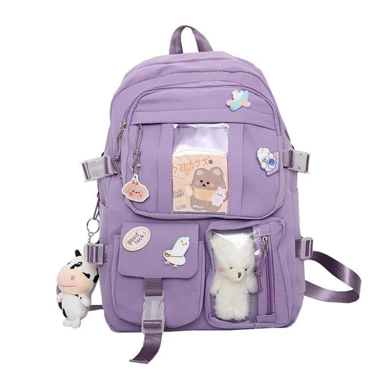 Purple school rucksack for girls with a side pocket for a water bottle, handy on the commute to school.