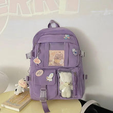 Purple teen girls school backpack with front pockets for daily campus use, tutoring, and weekend trips.